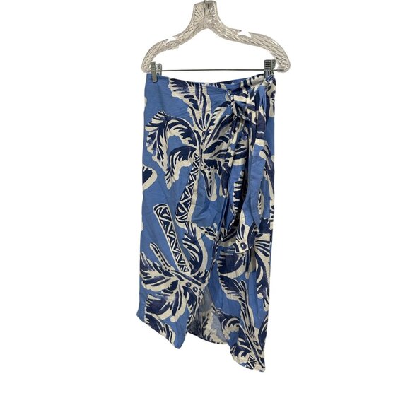 H&M Blue White Palm Leaf Print Wrap Skirt Linen Blend Womens Size Medium - Picture 3 of 7
